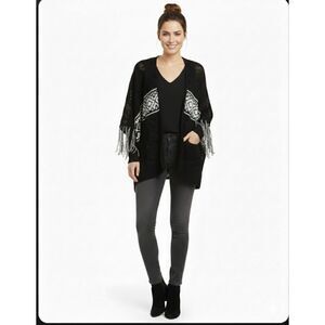 Poof Black and White Tribal Print Knit Cardigan Sweater Fringe Accents
